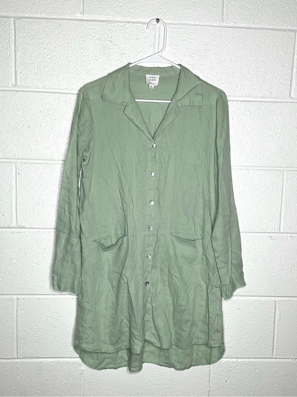 < Sigrid Olsen 100% Linen Sage Green Tunic Shirt Dress Size Small >